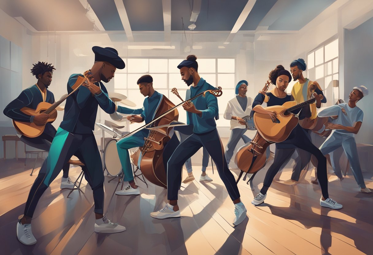 Exploring New Trends in Performing Arts Education Performing art LearningMole Performing arts: A group of musicians and dancers collaborate in a modern studio, blending traditional and innovative techniques in a dynamic performance