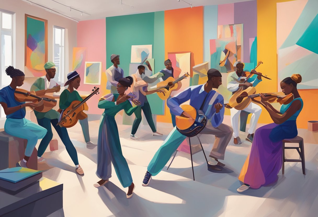 Exploring New Trends in Performing Arts Education Performing art LearningMole Performing arts: A group of dancers and musicians collaborate in a studio, surrounded by colorful paintings, sculptures, and other visual art pieces