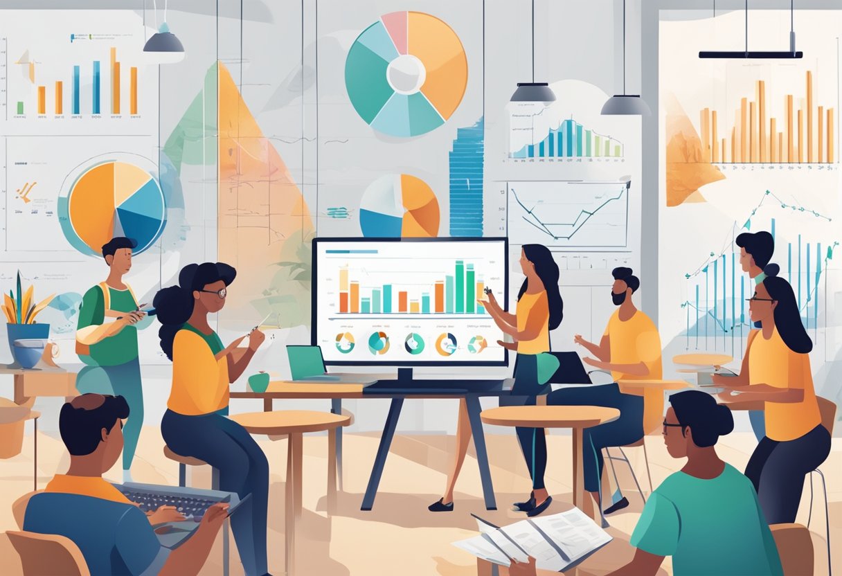 Exploring New Trends in Performing Arts Education Performing art LearningMole Performing arts: A group of diverse students engage in various performing arts activities, surrounded by financial charts and graphs