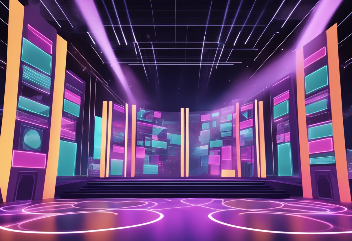 Exploring New Trends in Performing Arts Education Performing art LearningMole Performing arts: A stage with a digital backdrop, surrounded by virtual reality headsets and interactive screens, showcasing a blend of live and digital performances