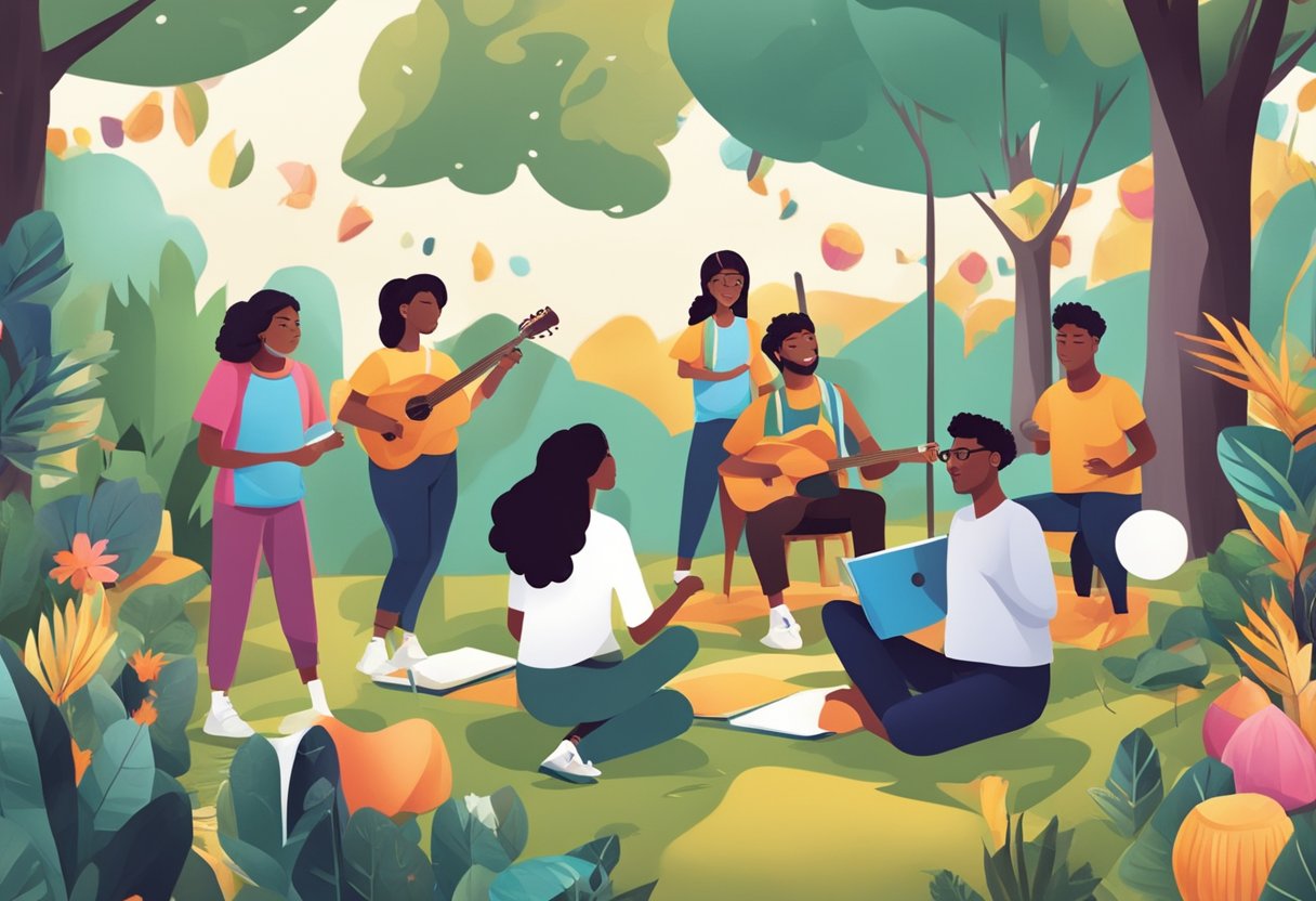 Exploring New Trends in Performing Arts Education Performing art LearningMole A group of diverse students engage in various performing arts activities outdoors, surrounded by nature and colorful props