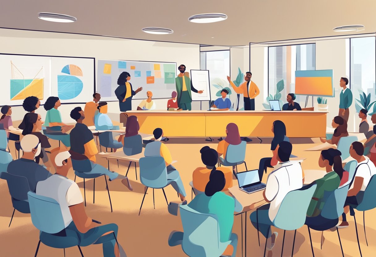 Exploring New Trends in Performing Arts Education Performing art LearningMole Performing arts: A group of people from public and private sectors collaborate in a modern classroom, discussing and exploring new trends in performing arts education