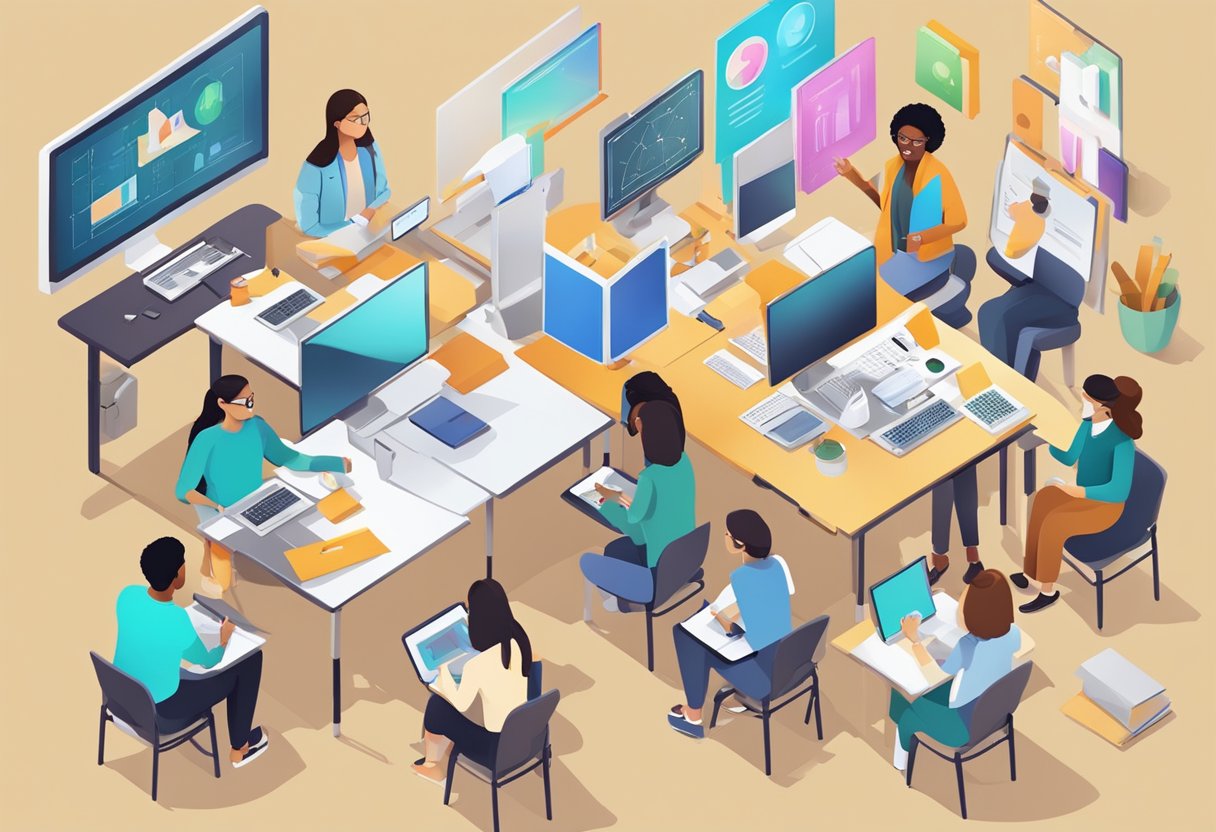 Exploring New Trends in Performing Arts Education Performing art LearningMole Performing arts: A diverse group of students engage in interactive digital learning activities, surrounded by cutting-edge technology and innovative teaching tools