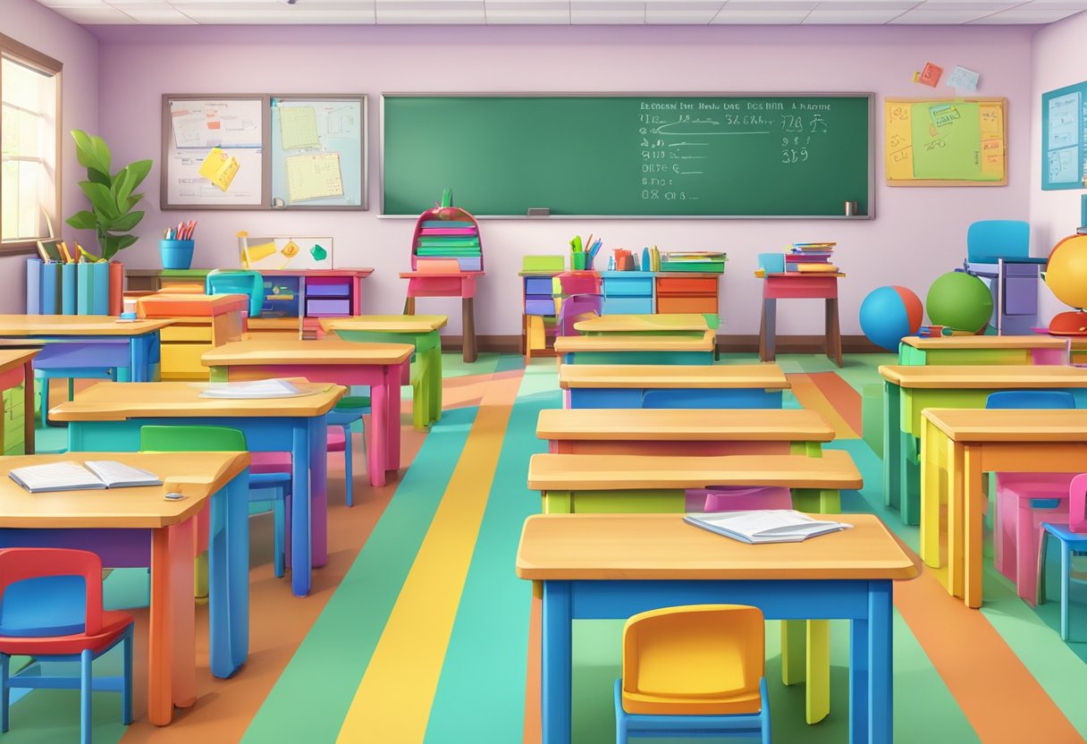 Primary School Worksheets for Boosting Classroom Learning School worksheets,worksheet LearningMole School worksheets: A colorful classroom with children's desks, math worksheets, and a teacher's desk with a stack of "Fun with Maths: Special Dates" worksheets