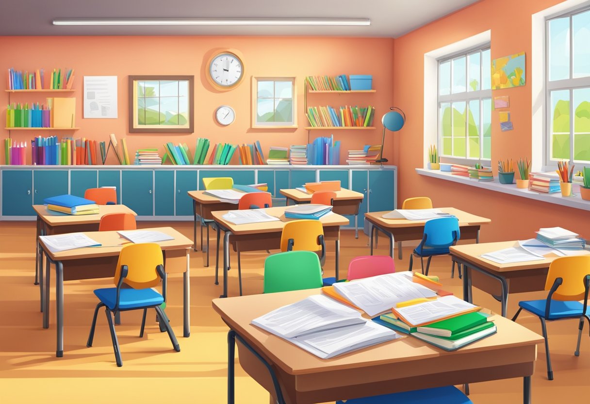 Primary School Worksheets for Boosting Classroom Learning School worksheets,worksheet LearningMole School worksheets: A colorful classroom with desks, chairs, and educational materials scattered around. A teacher's desk with stacks of primary school worksheets