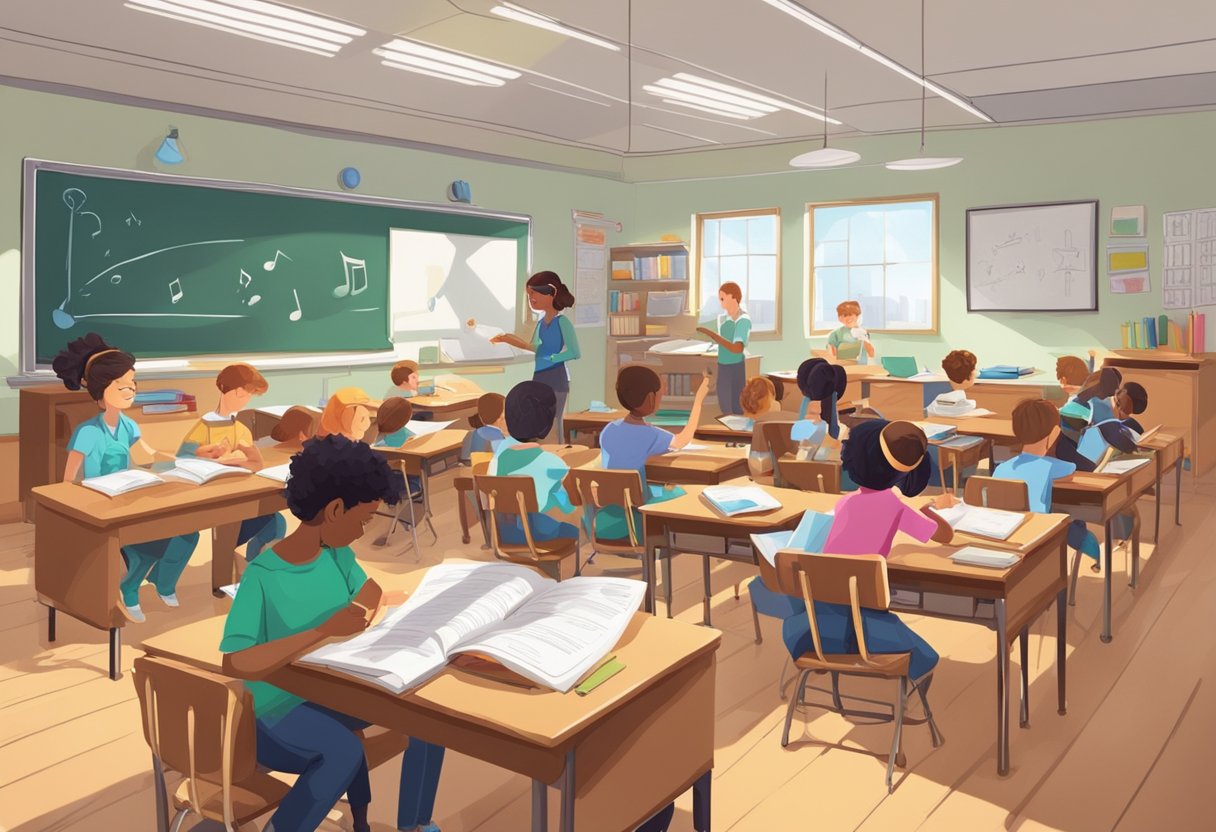 Case Studies: Successful Instrumental Skills Projects in Schools Instrumental Skills,Music education LearningMole Instrumental Skills: A classroom with students engaged in hands-on projects, instruments and music notes scattered across desks, teacher guiding and observing