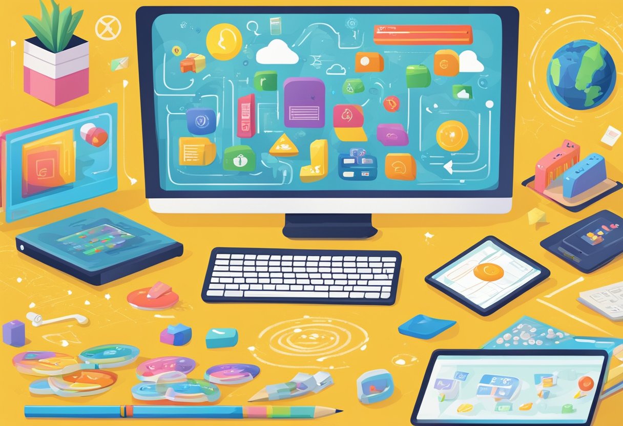 Online Phonics Resources for Primary Students Phonics resources,Reading LearningMole Phonics resources: A colorful computer screen surrounded by playful phonics-related graphics and icons, with a cheerful and engaging layout for primary students