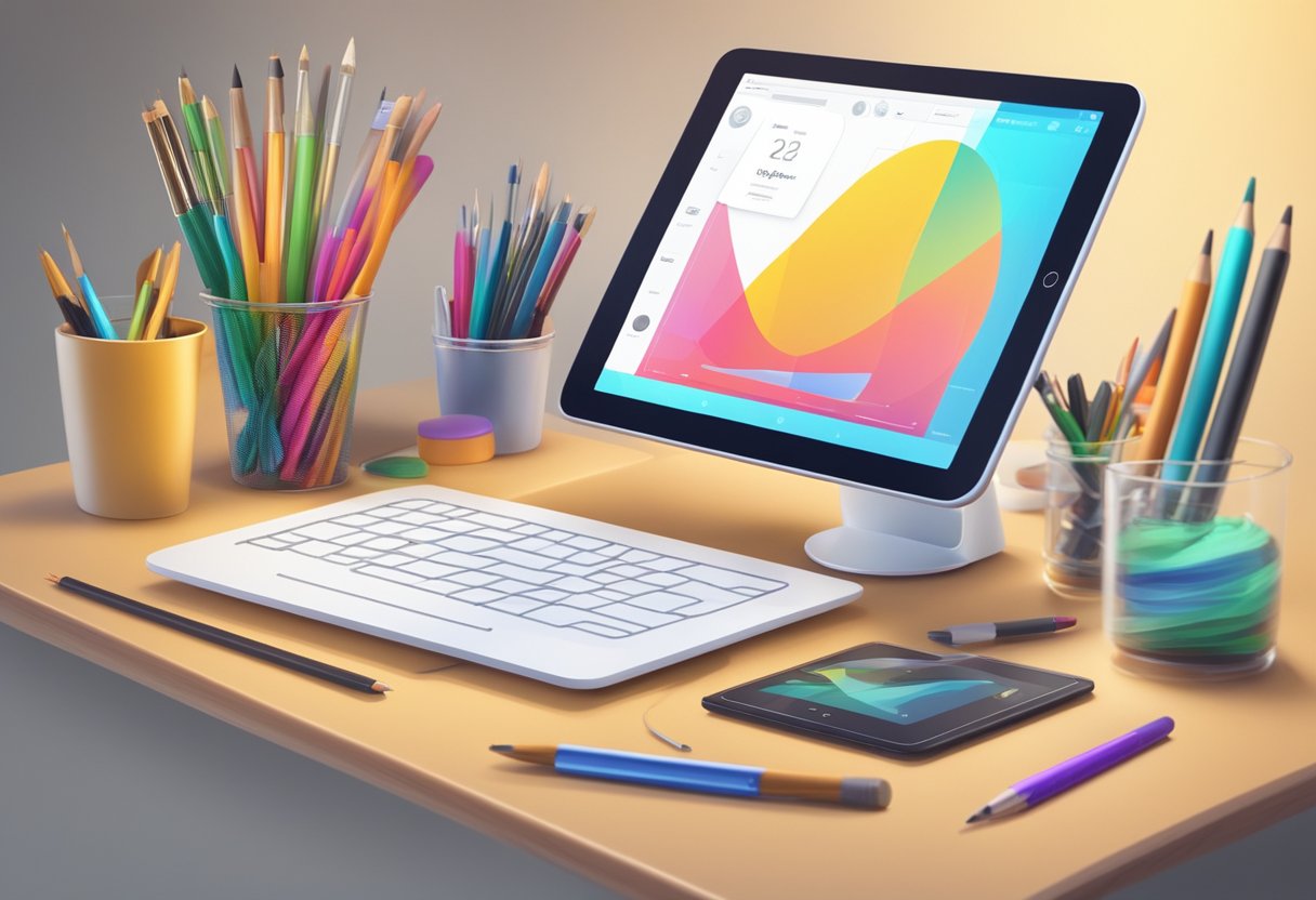 Assessment and Progress Tracking in Digital Arts & Multimedia Digital Arts,Multimedia LearningMole Digital Arts: A digital tablet displaying a progress tracking interface for digital arts, surrounded by various art tools and equipment