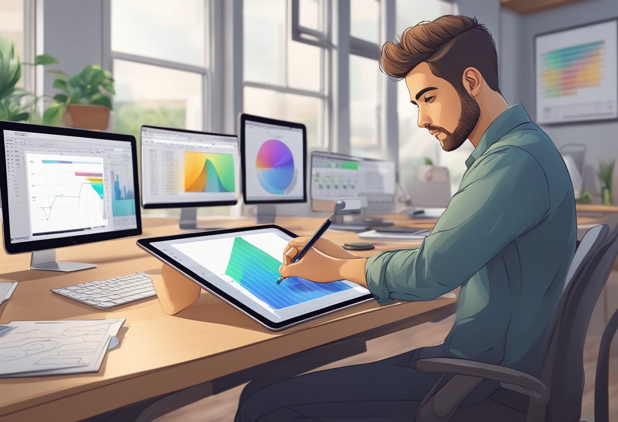 Assessment and Progress Tracking in Digital Arts & Multimedia Digital Arts,Multimedia LearningMole Digital Arts: A digital artist uses a stylus to create a multimedia project on a tablet, while a progress tracking software displays assessment data in the background