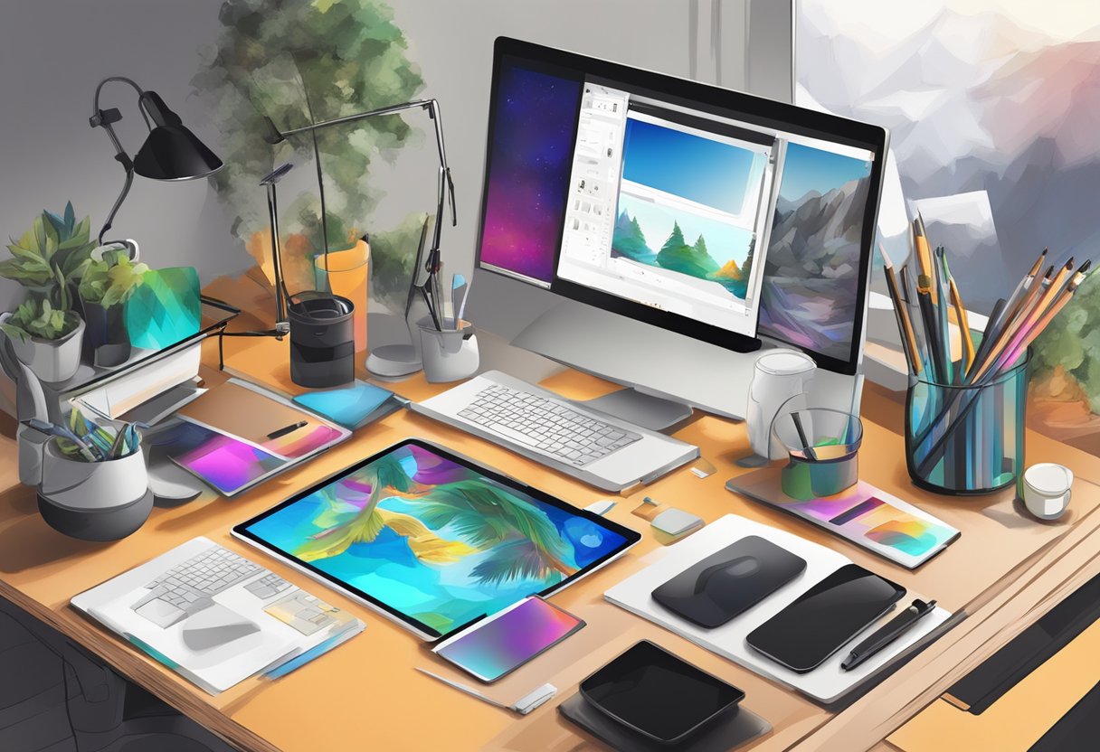 Assessment and Progress Tracking in Digital Arts & Multimedia Digital Arts,Multimedia LearningMole Digital Arts: A digital artist's workspace with a computer, tablet, and stylus surrounded by sketches, digital paintings, and multimedia projects in progress