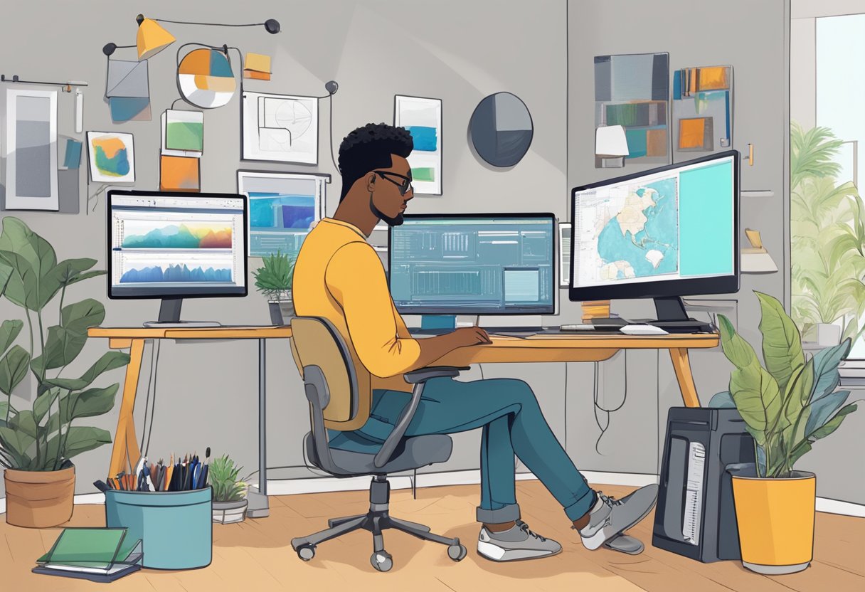 Assessment and Progress Tracking in Digital Arts & Multimedia Digital Arts,Multimedia LearningMole Digital Arts: A digital artist sits at a desk surrounded by computer monitors, tablets, and drawing tools. They are using various software programs to assess and track their progress in creating multimedia artwork