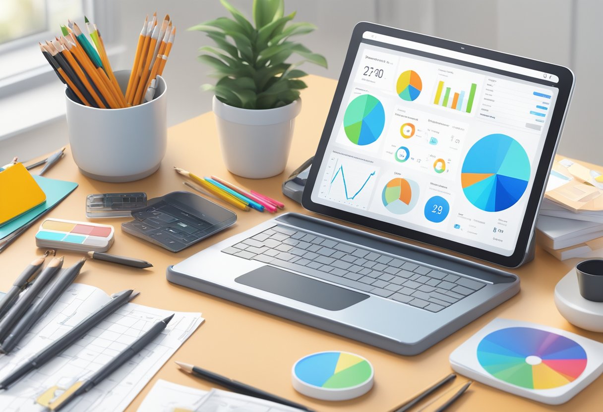 Assessment and Progress Tracking in Digital Arts & Multimedia Digital Arts,Multimedia LearningMole Digital Arts: A digital tablet displaying a progress tracking interface, surrounded by art supplies and reference materials in a well-lit studio space