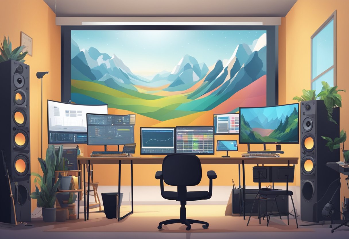 Assessment and Progress Tracking in Digital Arts & Multimedia Digital Arts,Multimedia LearningMole A digital arts studio filled with various multimedia tools and equipment, with progress charts and assessment data displayed on a large screen