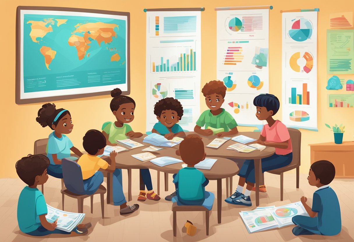 Financial Literacy Resources for Children: Fun Ways to Teach Money Skills Financial Literacy LearningMole A group of children sitting around a table, engaged in a discussion about money and investing. Charts and graphs are displayed on the walls, and books about financial literacy are scattered around the room