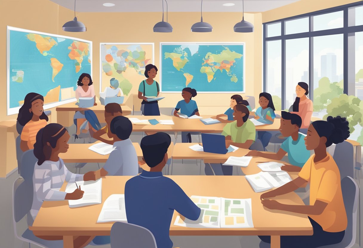 Resources for Teaching Citizenship Education: Helpful Tools citizenship education LearningMole A classroom setting with diverse students engaged in group discussions and activities focused on citizenship education. Maps, books, and educational materials are visible