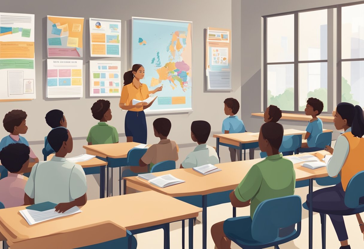 Resources for Teaching Citizenship Education: Helpful Tools citizenship education LearningMole A classroom setting with a teacher and students engaged in a discussion about civic involvement, with posters and educational materials displayed on the walls (Citizenship education)