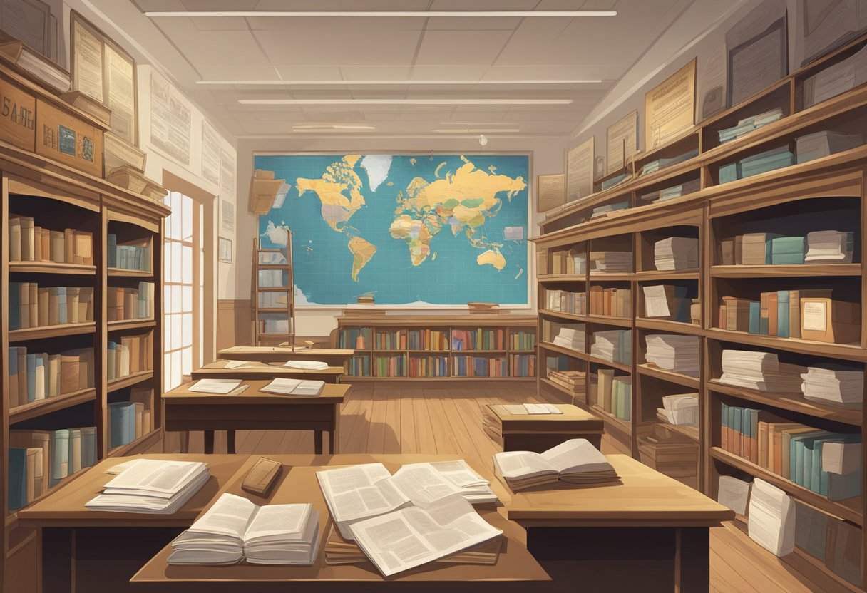 Resources for Teaching Citizenship Education: Helpful Tools citizenship education LearningMole A classroom with historical artifacts and documents related to citizenship, such as old textbooks, maps, and political posters, displayed on shelves and bulletin boards (Citizenship education)
