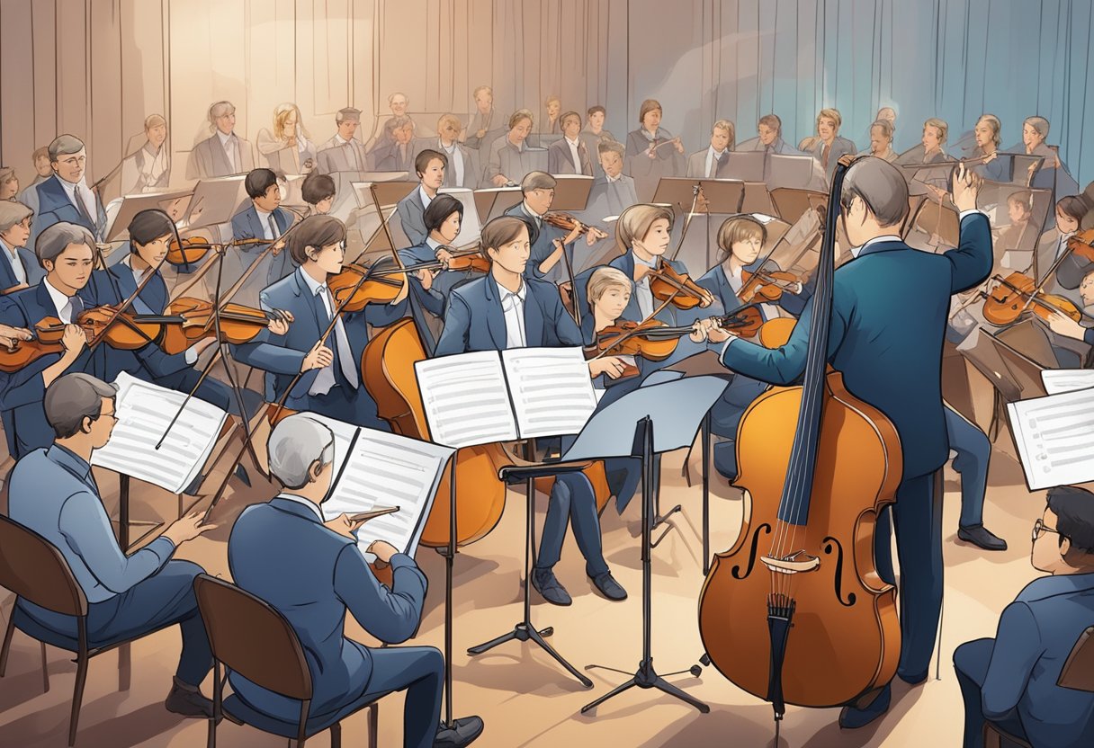 Performing Arts: Effective Assessment and Progress Tracking Performing art,Assessing,Assessment and progress tracking LearningMole An orchestra conductor guiding musicians through a performance, while a chart tracks progress and assessment data in the background performing arts
