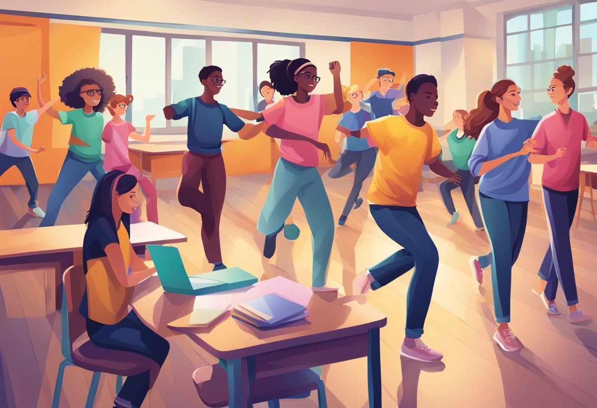 How Performing Arts Support Cross-Curricular Learning performing arts,arts LearningMole A group of students engage in various performing arts activities, such as dancing, acting, and music, in a vibrant and dynamic classroom setting (Performing Arts)