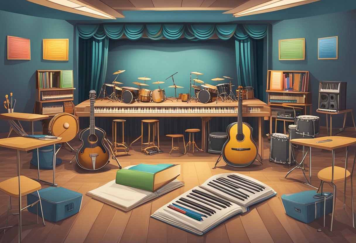 Performing Arts: Effective Assessment and Progress Tracking Performing art,Assessing,Assessment and progress tracking LearningMole A stage with musical instruments, dance props, and theater sets surrounded by assessment tools and curriculum materials performing arts