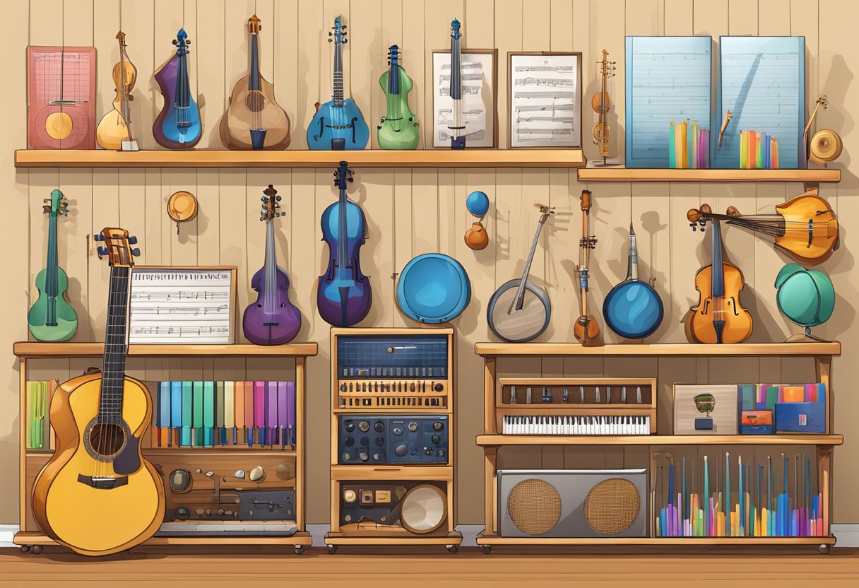 Performing Arts: Effective Assessment and Progress Tracking Performing art,Assessing,Assessment and progress tracking LearningMole A group of musical instruments and dance props arranged neatly on shelves, with colorful progress charts and assessment forms displayed on the wall performing arts