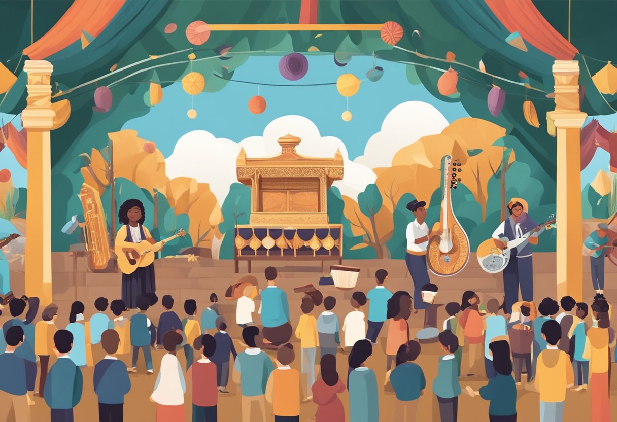 How Performing Arts Support Cross-Curricular Learning performing arts,arts LearningMole A stage with diverse cultural symbols, historical artifacts, musical instruments, and theatrical props, surrounded by students engaging in various cross-curricular activities (Performing Arts)