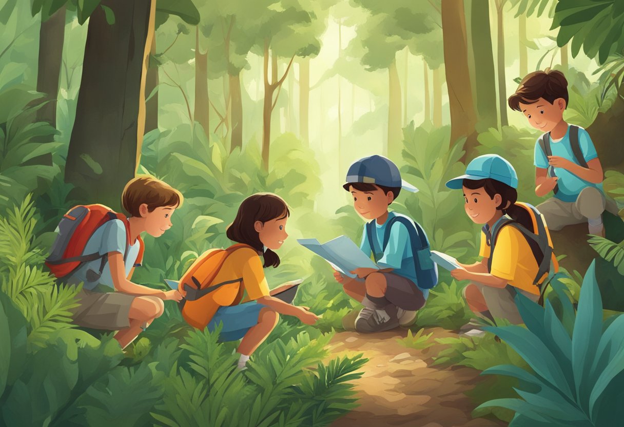 A group of young students explore a lush forest, identifying plants and animals with the help of a knowledgeable guide (Outdoor Education)