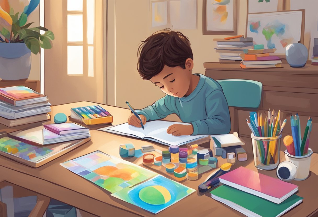 Free Printable Educational Resources: Top Activities educational resources,printable resources,resources LearningMole A child sitting at a desk, surrounded by art supplies, puzzles, and books. A timer is set for a mindfulness activity, and a fidget toy is nearby (Free Printable Educational Resources)