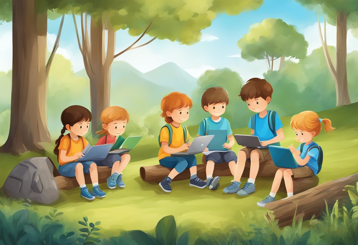 A group of young children engage in outdoor activities, using various forms of technology and nature to develop their communication skills (Outdoor Education)
