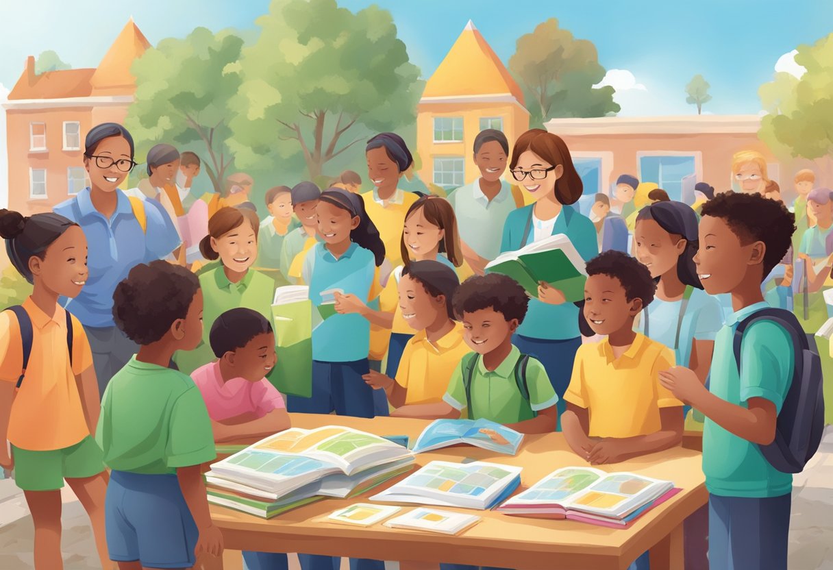 A group of children and teachers gather around a colorful outdoor education resources display, with books, maps, and equipment for primary schools (Outdoor Education)