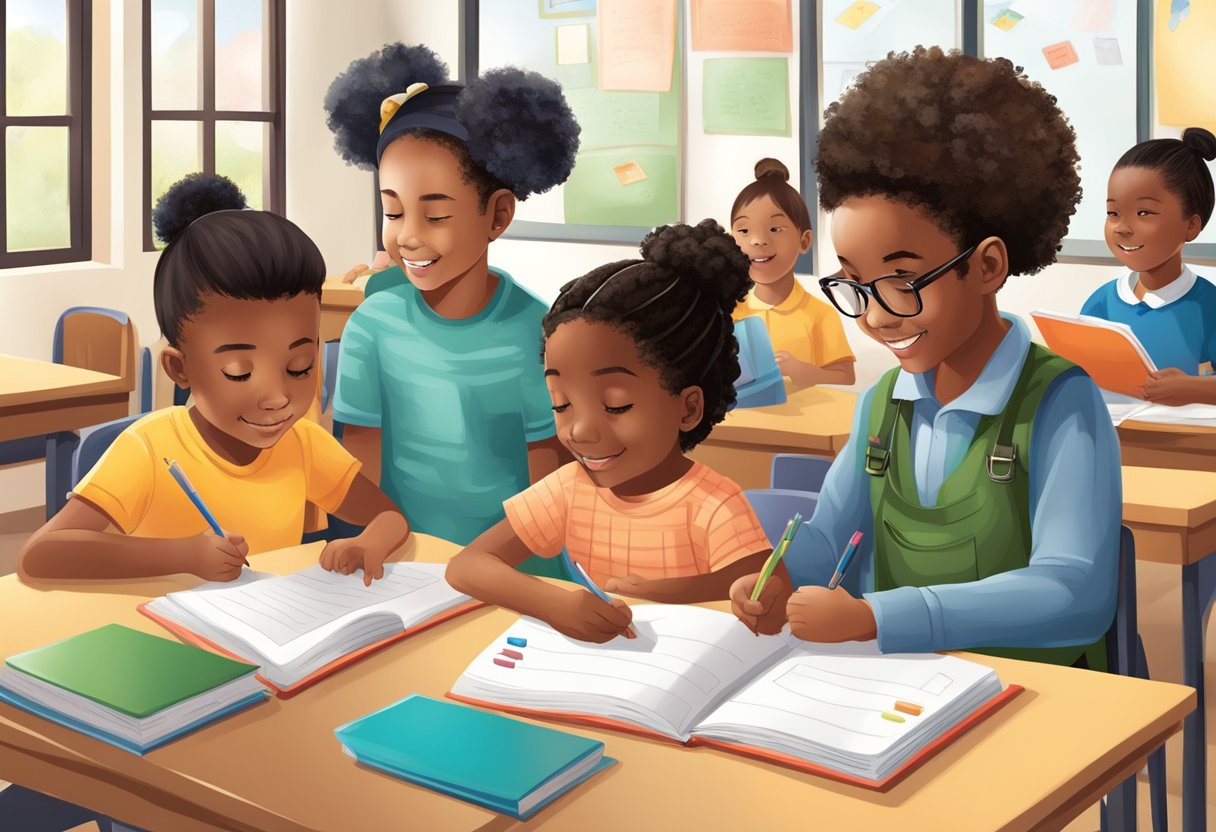 Primary Education Activity Packs: Fun Learning Resources Activity Pack LearningMole A diverse group of children engaged in various educational activities, including reading, writing, and problem-solving, in a welcoming and inclusive classroom environment (Activity Pack)