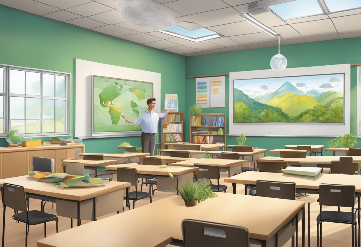 Classroom Resources for Teaching Sustainability: A Friendly Guide Teaching sustainability,Sustainability LearningMole A classroom setting with diverse sustainable teaching materials and resources on climate change and sustainability (Teaching sustainability)
