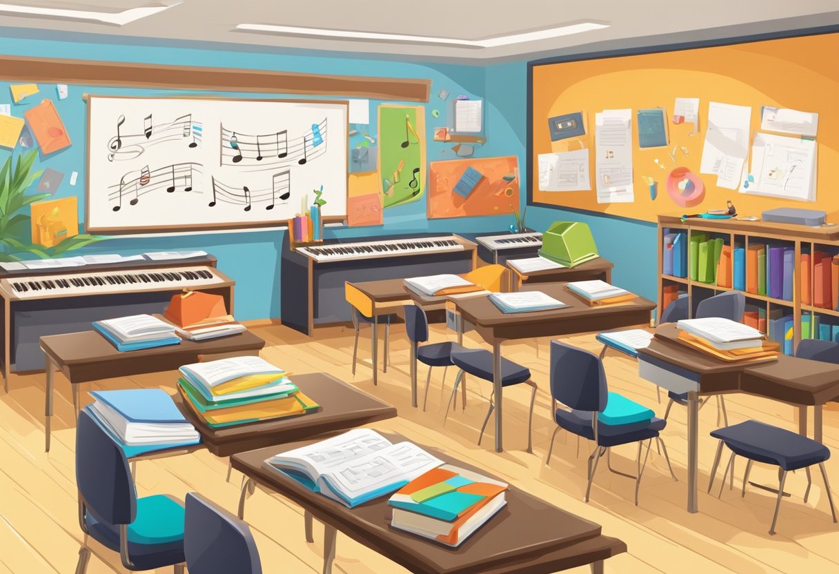 Primary Music Teaching Resources: Fun and Engaging Activities for the Classroom Music Teaching,music education,musical LearningMole A colorful classroom with musical instruments, books, and posters on the wall. A whiteboard displays music notes and a teacher's desk is filled with teaching resources