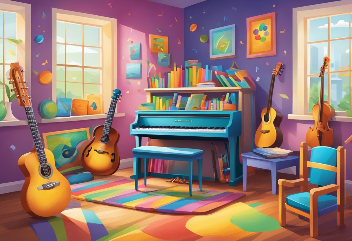 Primary Music Teaching Resources: Fun and Engaging Activities for the Classroom Music Teaching,music education,musical LearningMole A colorful array of musical instruments, including a piano, guitar, drums, and flute, are arranged in a bright and inviting classroom setting, surrounded by vibrant artwork and musical notes
