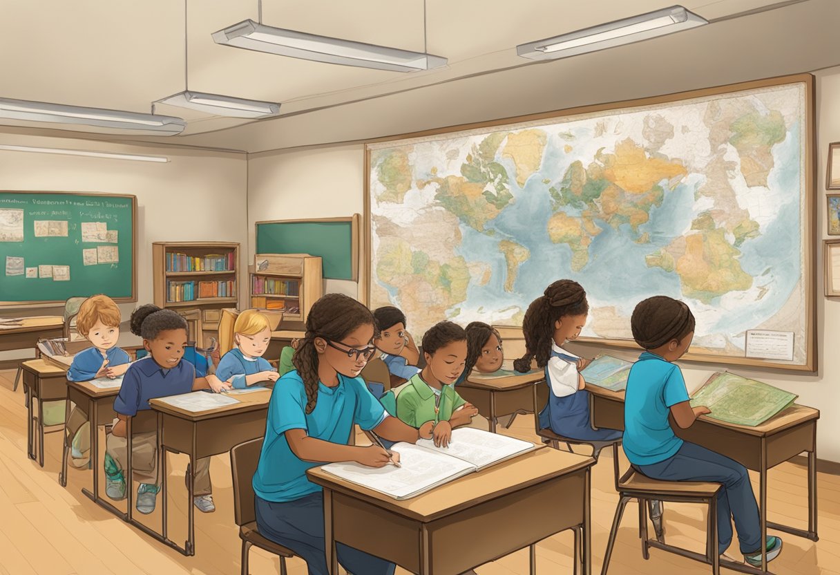 Historical Timelines for Primary School Resources: Engaging Tools for Young Learners historical timeline,primary LearningMole A classroom setting with historical artifacts, maps, and artwork displayed on the walls. A teacher and students engage in hands-on activities and discussions