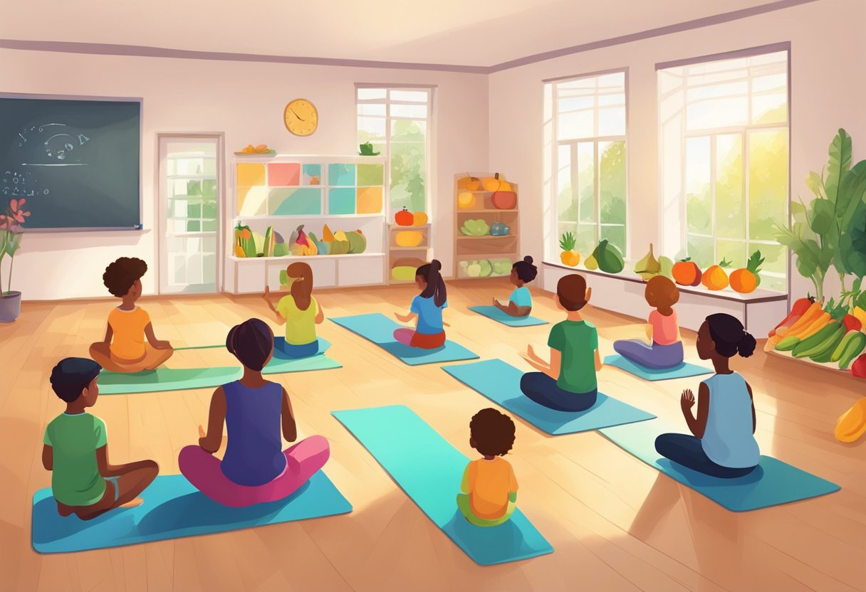 A colorful classroom with posters of fruits, vegetables, and exercise equipment. A teacher leading a group of children in a yoga session