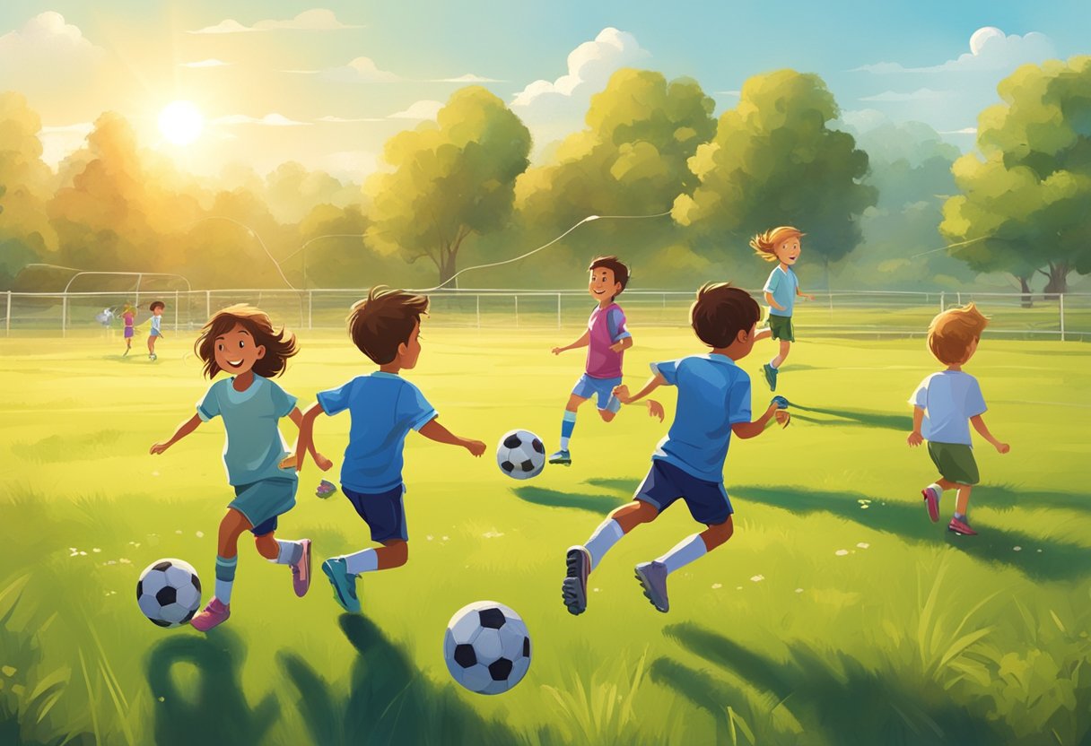 A group of children playing soccer in a grassy field, while others jump rope and ride bicycles nearby. The sun is shining and the sky is clear