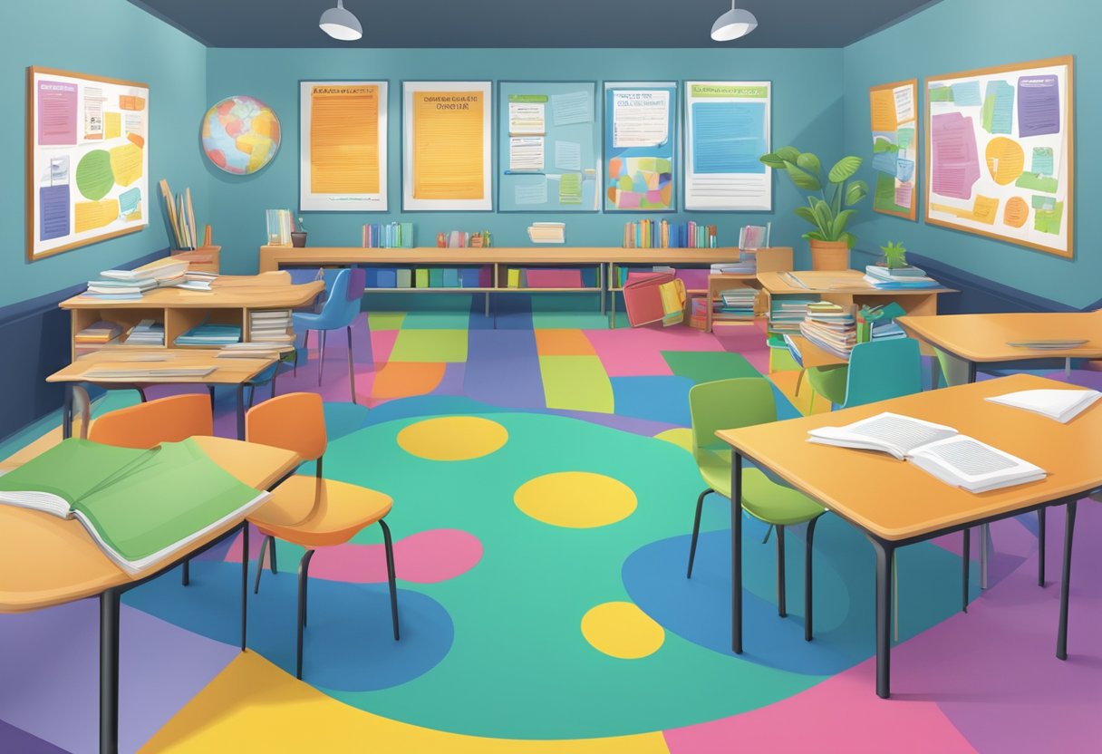 A colorful and inviting classroom setting with posters, books, and visual aids promoting mental health and wellbeing