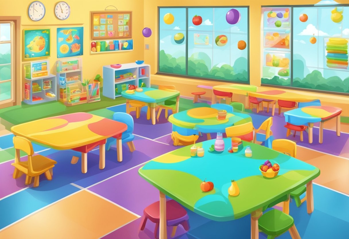 A colorful classroom with posters on nutrition, exercise, and hygiene. Tables with interactive games and educational tools for young children