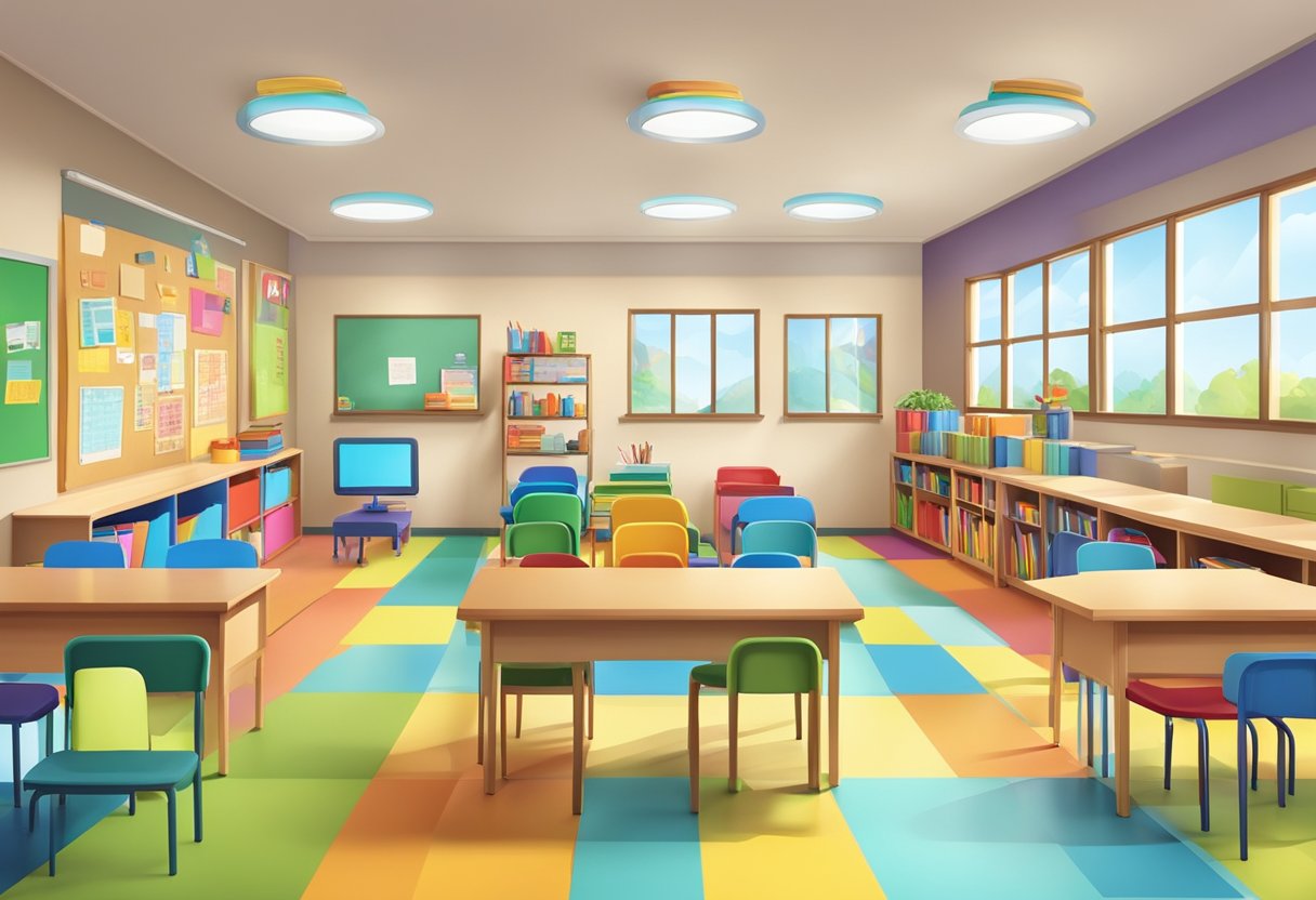A colorful and organized primary classroom with desks, chairs, bookshelves, and educational materials neatly arranged