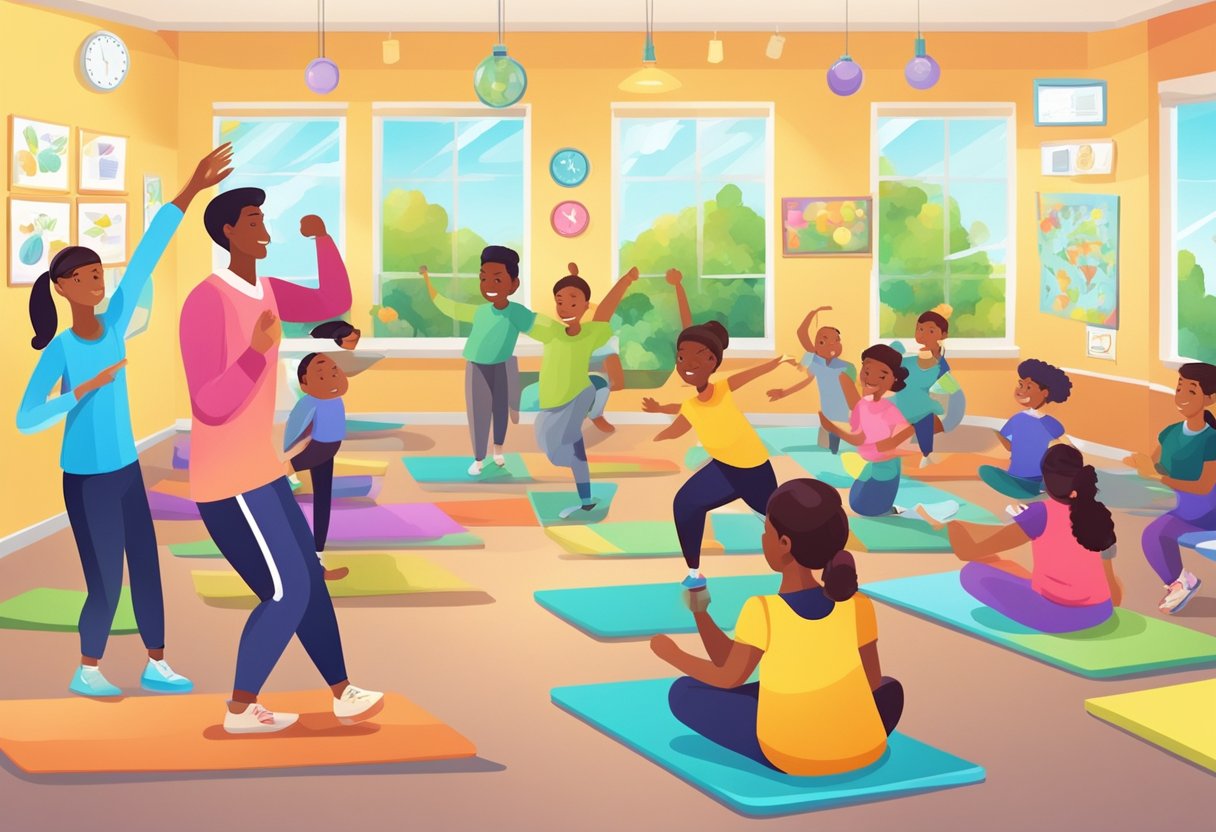 A colorful classroom with posters on healthy eating, exercise, and mental well-being. A teacher and students engage in activities promoting health and wellness