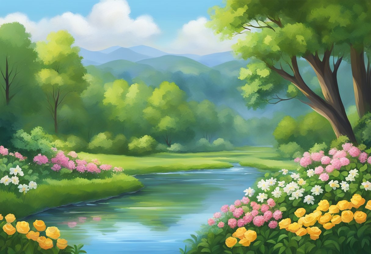 A serene landscape with a calm, flowing river surrounded by lush greenery and blooming flowers, evoking a sense of peace and tranquility