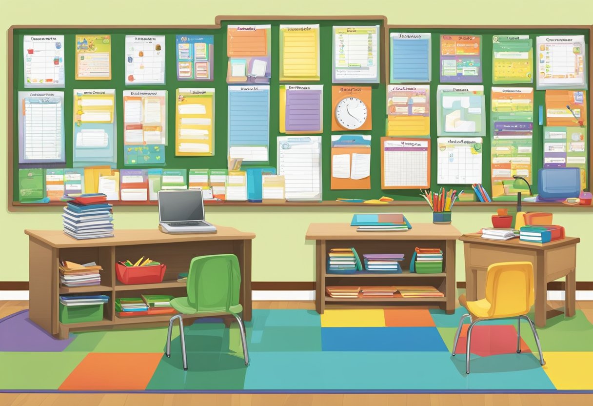 A brightly colored bulletin board displays a variety of visual aids, charts, and posters related to primary classroom organization and lesson planning. A desk holds neatly organized lesson plan resources and materials
