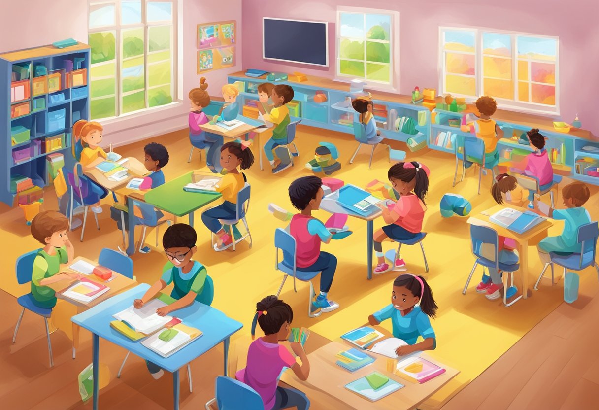 A colorful, vibrant classroom with children engaging in various health and wellbeing activities, surrounded by educational resources and technological tools