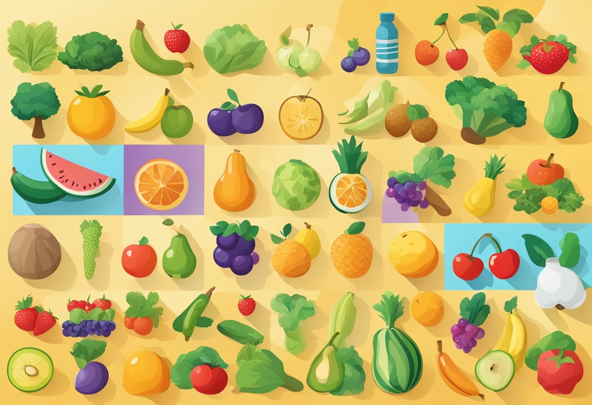 A colorful poster with icons of fruits, vegetables, exercise equipment, and happy children playing outdoors