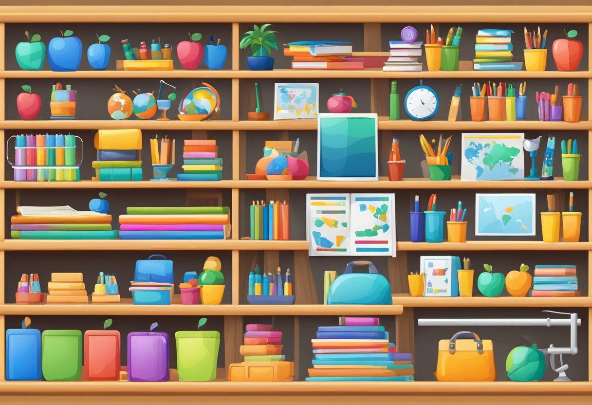 Colorful teaching aids neatly organized on shelves, with educational posters and charts displayed on the walls. A variety of interactive tools and manipulatives arranged for easy access