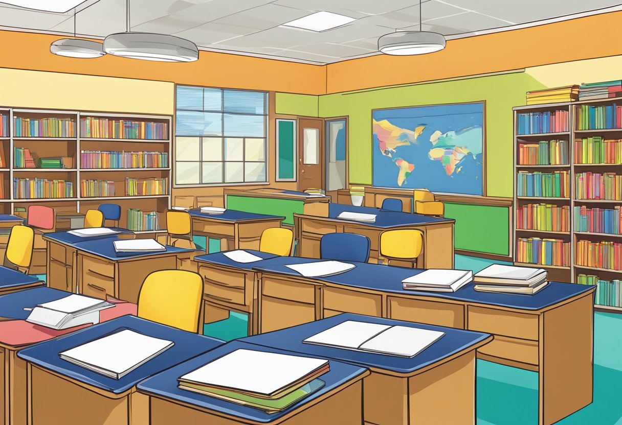 A brightly colored classroom with neatly organized shelves of education materials and posters displaying professional development opportunities