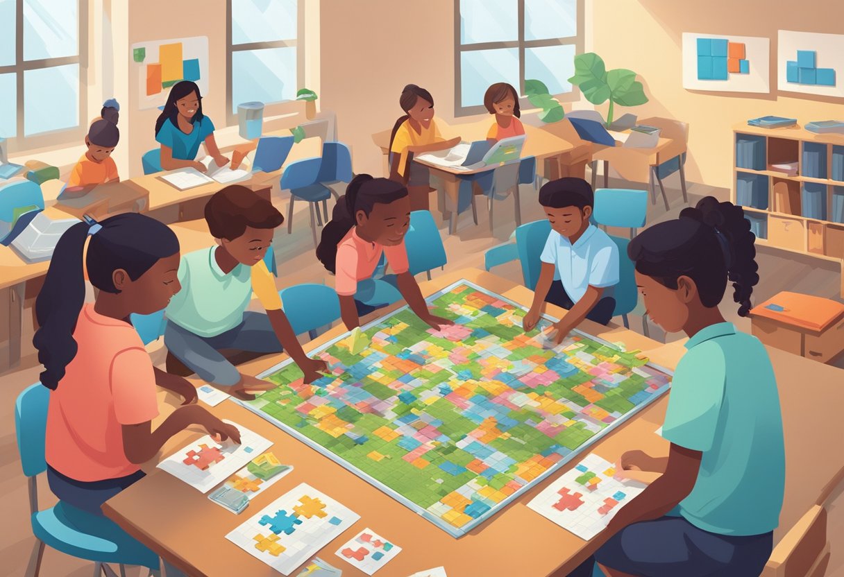Top Educational Puzzle Resources for Classroom Engagement Educational Puzzle Resources,Educational Puzzle,puzzle-based learning,logic puzzles,puzzle resources,puzzle collection LearningMole A group of students collaboratively solving a large puzzle in a classroom setting, with various game boards and educational materials scattered around the room