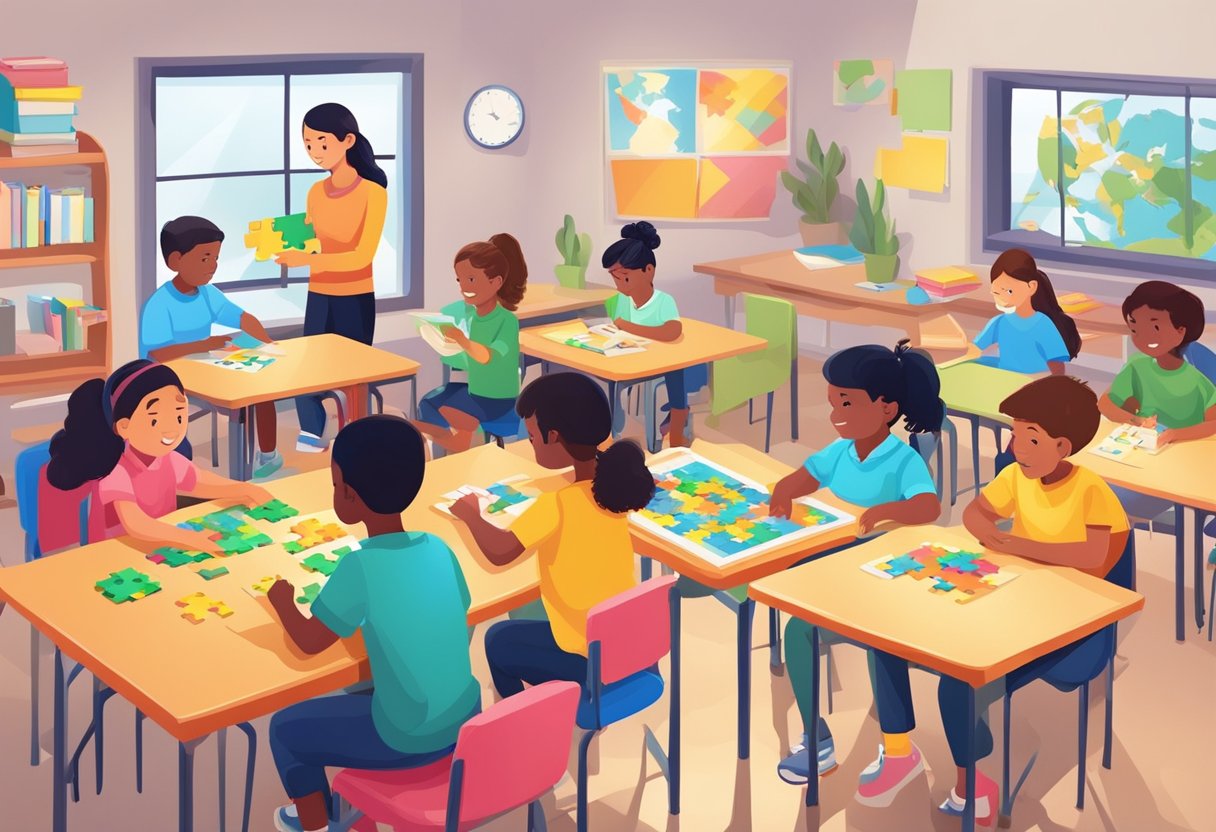Top Educational Puzzle Resources for Classroom Engagement Educational Puzzle Resources,Educational Puzzle,puzzle-based learning,logic puzzles,puzzle resources,puzzle collection LearningMole A colorful classroom with students working together on various puzzles, with teachers guiding and supporting them