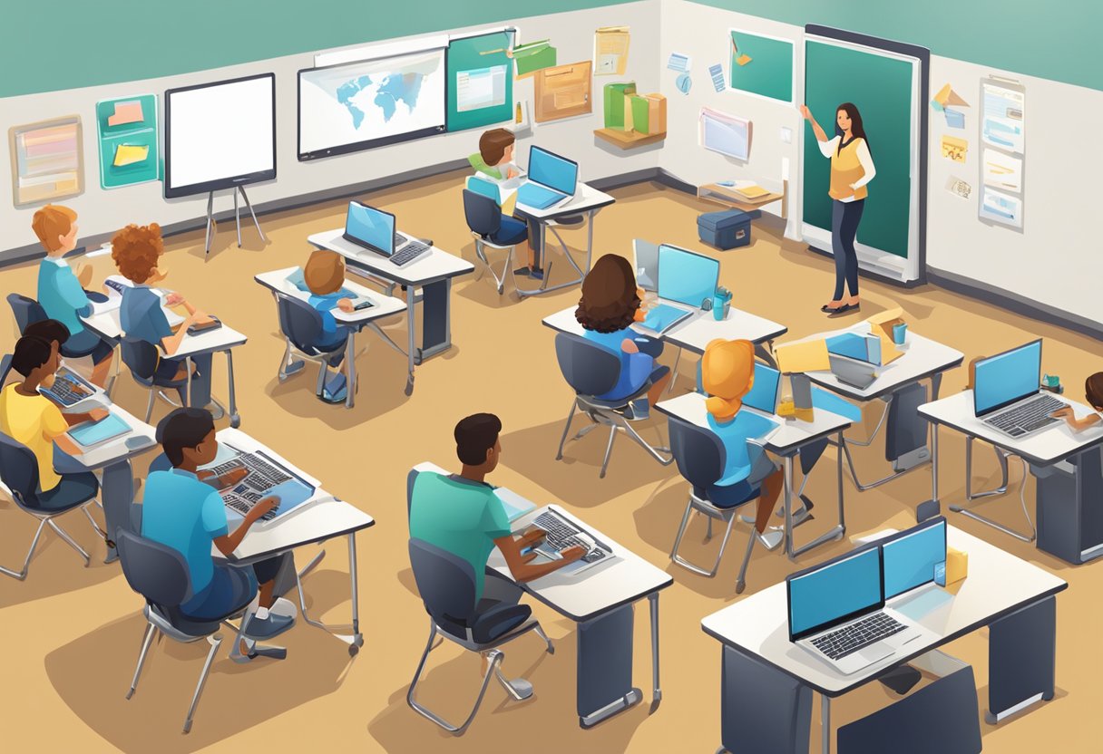 A classroom setting with various educational technology devices such as tablets, laptops, and interactive whiteboards. Students and teachers are engaged in using the technology for learning and instruction